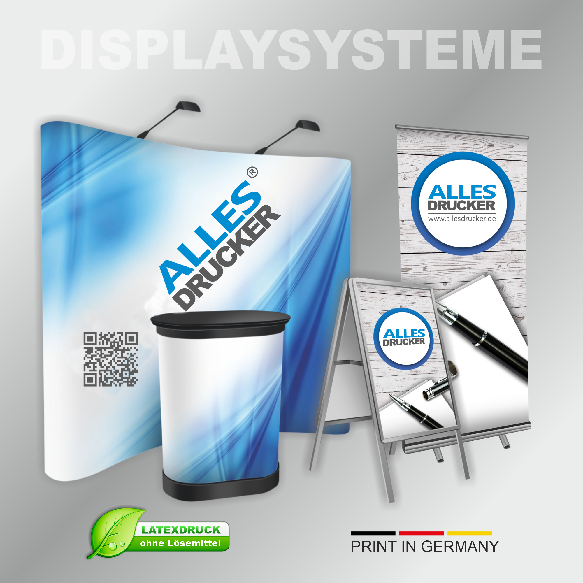 Verschiedene Messedisplays. Messewand, Kundenstopper, Roll-Up Display und Messetheke