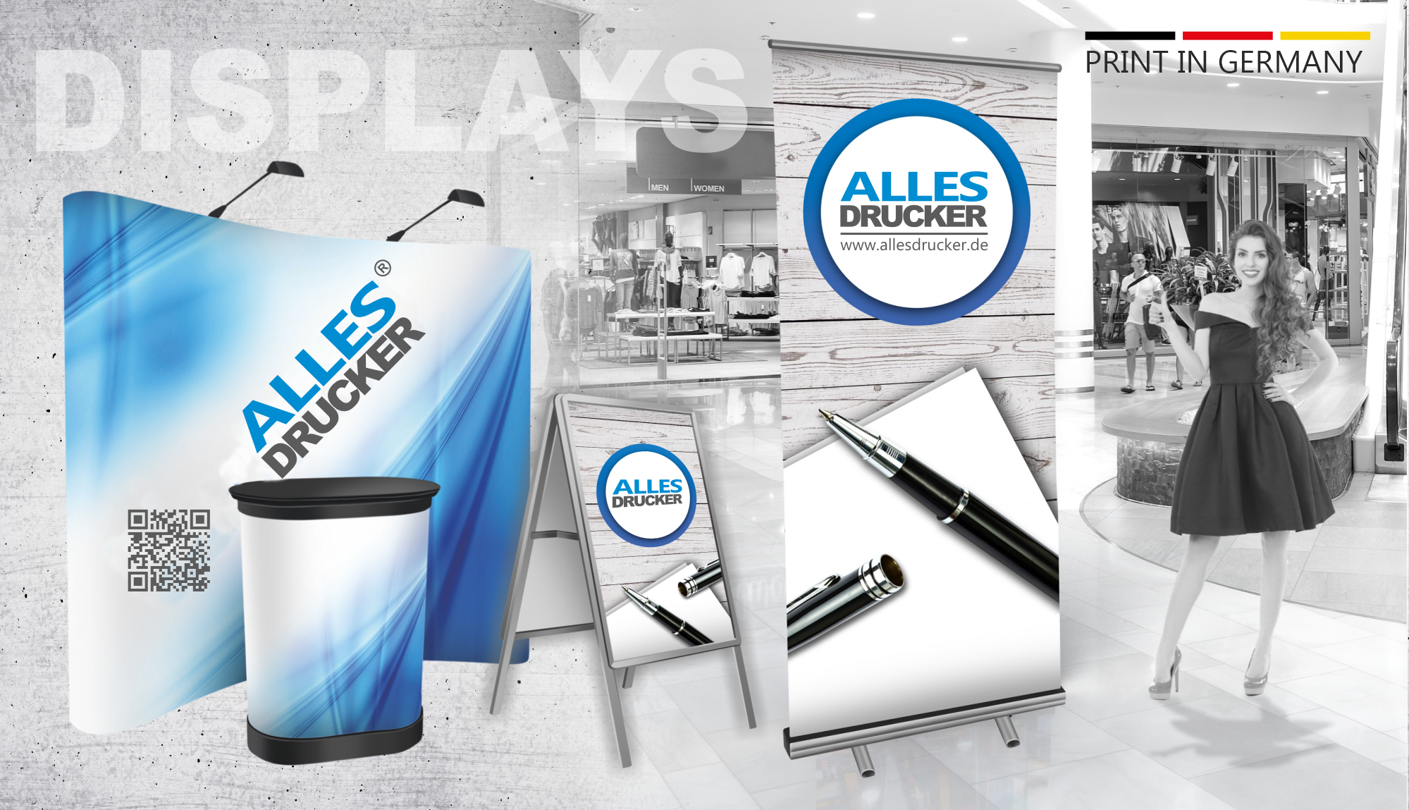 Verschiedene Displaysysteme vom Allesdrucker. Pop-Up Messewand, Kundenstopper, Roll-Up Display und Messetheke